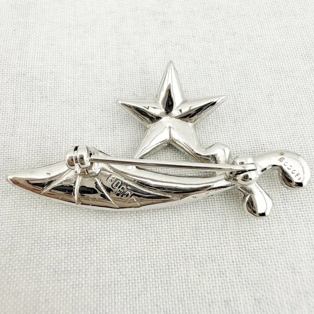 Vintage Signed Bogoff Brooch Pin Rhinestone Star Rainbow OES Silver Tone Retro